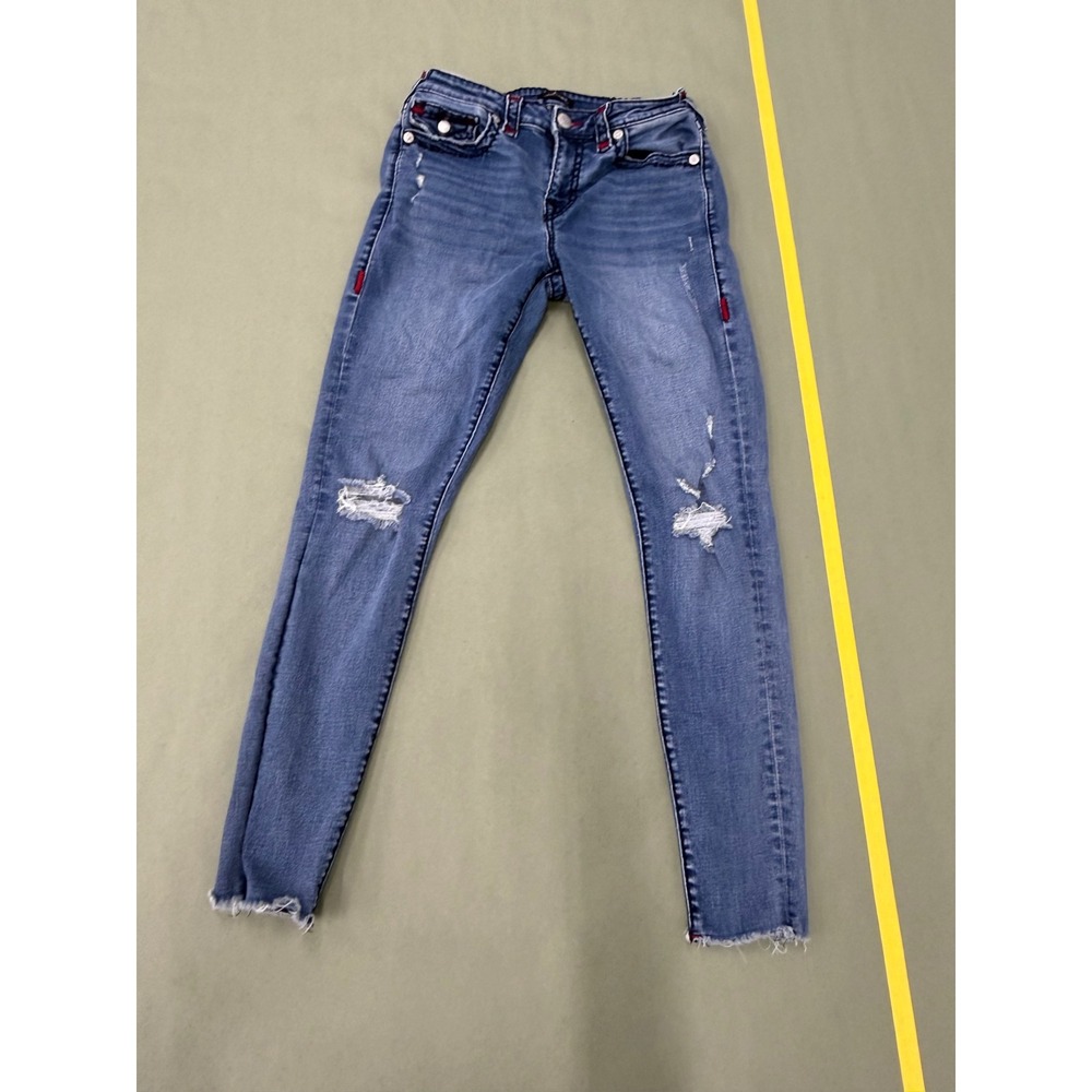 True Religion Jennie Curvy Mid Rise Super Skinny Distressed Jeans Blue 28